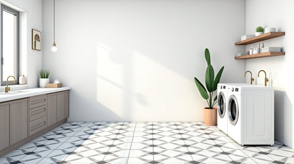 Laundry room with a bold geometric tile floor, white walls, and simple modern décor.