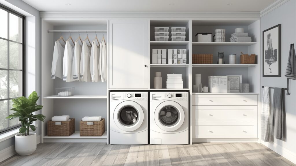 Laundry room featuring a hidden drying cabinet with retractable rods and built-in storage.