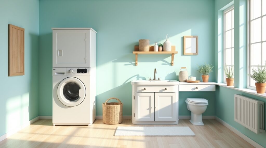 Coastal laundry room with seafoam walls, natural wood elements, and soft beach-inspired colors.