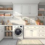 Modern laundry room with white cabinets, pastel accents, organized shelves, stylish tile flooring, and soft natural lighting, featuring a clean and inviting design that blends coastal, farmhouse, and minimalist décor styles.