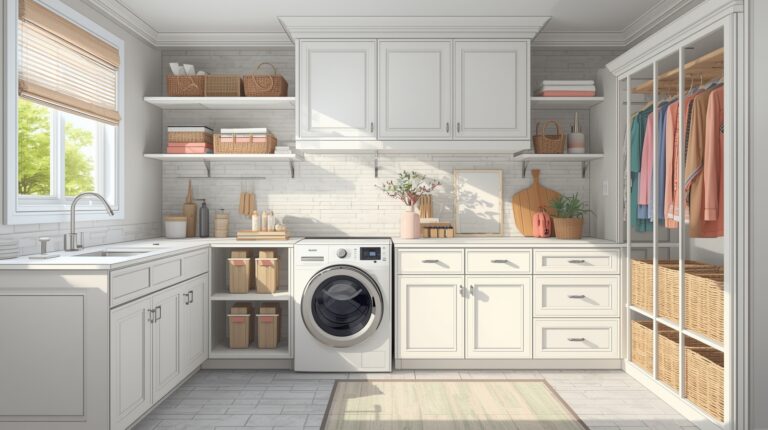 Modern laundry room with white cabinets, pastel accents, organized shelves, stylish tile flooring, and soft natural lighting, featuring a clean and inviting design that blends coastal, farmhouse, and minimalist décor styles.