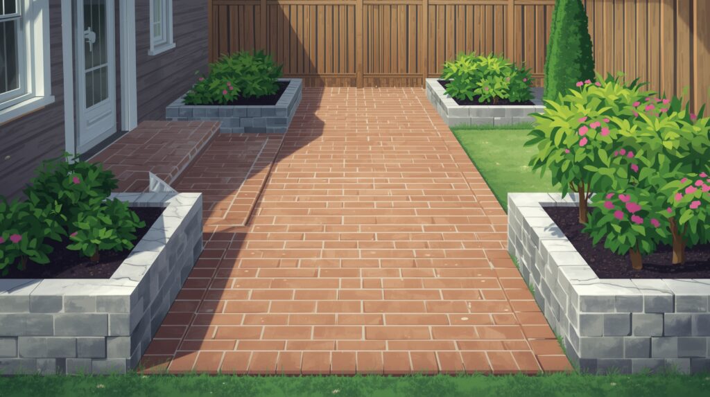 Narrow side yard with brick and stone pavers, geometric planters, and neatly trimmed greenery.
